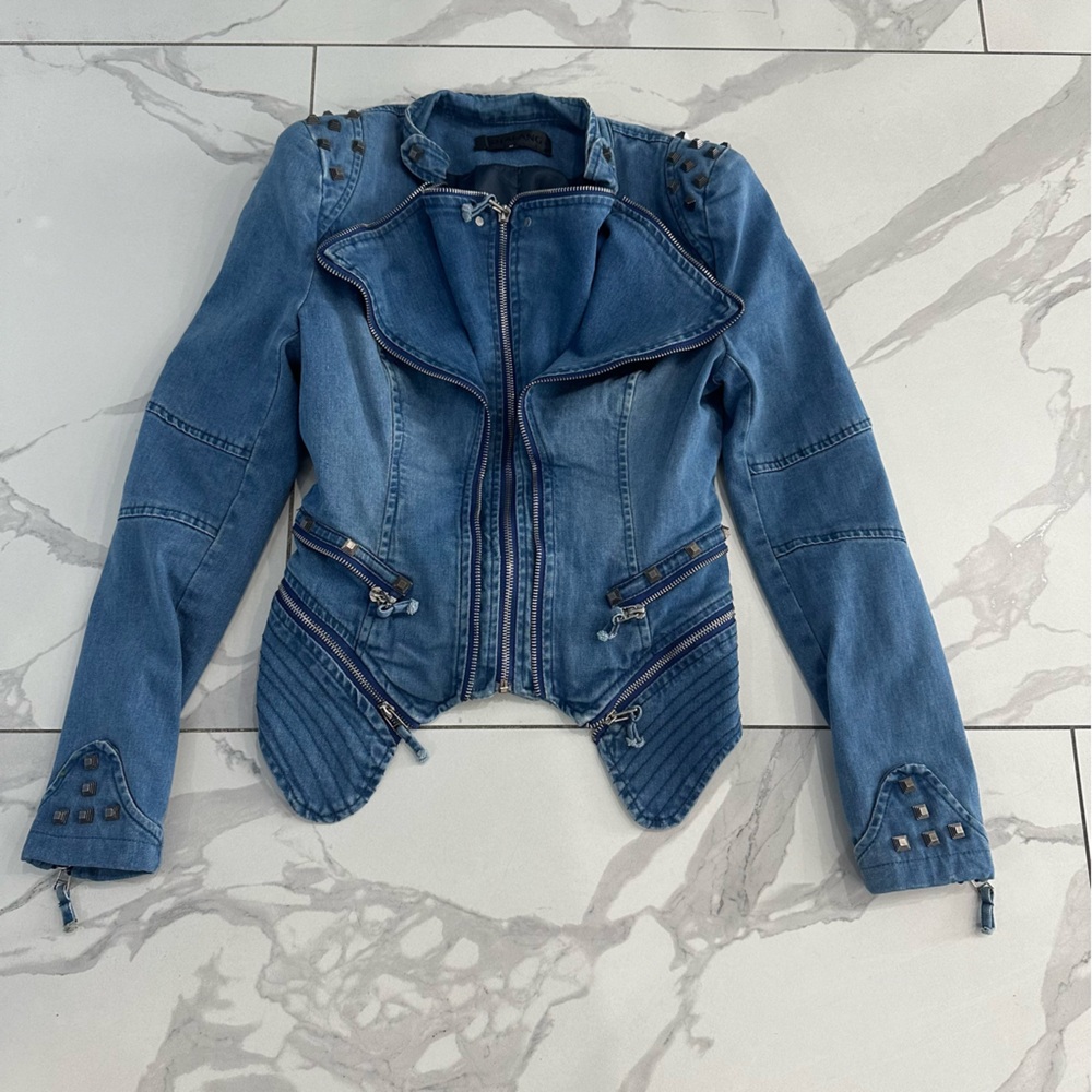 Shalang Jacket Women Sz Medium Moto Pyramid Studded Fitted Distressed Look Denim